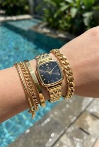 Reward Kadın Kol Saati | 24 mm Çelik Kasa, Siyah Kadran, Altın Renk Kordon, Mineral Cam