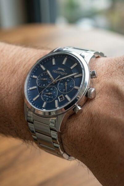 Slazenger Erkek Multifonksiyon Kol Saati | 44 mm Gümüş Çelik Kasa, Mavi Kadran, 5 ATM