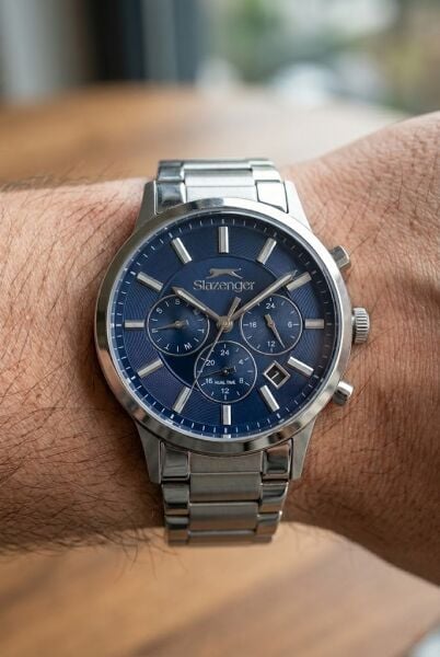 Slazenger Erkek Multifonksiyon Kol Saati | 44 mm Gümüş Çelik Kasa, Mavi Kadran, 5 ATM