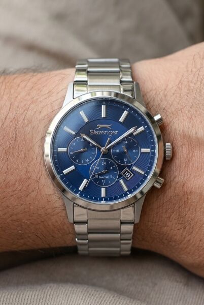 Slazenger Erkek Multifonksiyon Kol Saati | 44 mm Gümüş Çelik Kasa, Mavi Kadran, 5 ATM