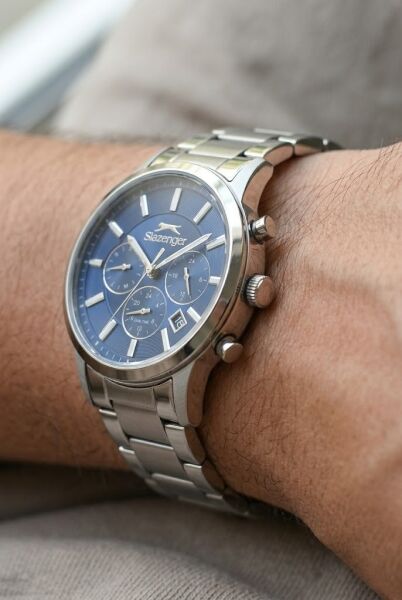 Slazenger Erkek Multifonksiyon Kol Saati | 44 mm Gümüş Çelik Kasa, Mavi Kadran, 5 ATM