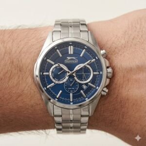 Slazenger Erkek Multifonksiyon Kol Saati | 44 mm Gümüş Çelik Kasa, Mavi Kadran, 5 ATM