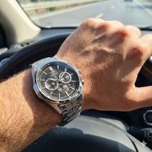 Slazenger Erkek Multifonksiyon Kol Saati 44 mm Gümüş Renk Çelik Kasa ve Kordon, Siyah Kadran