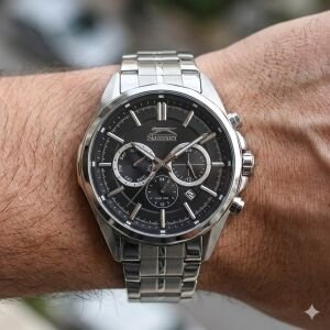Slazenger Erkek Multifonksiyon Kol Saati 44 mm Gümüş Renk Çelik Kasa ve Kordon, Siyah Kadran