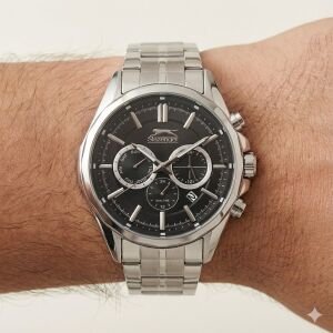 Slazenger Erkek Multifonksiyon Kol Saati 44 mm Gümüş Renk Çelik Kasa ve Kordon, Siyah Kadran