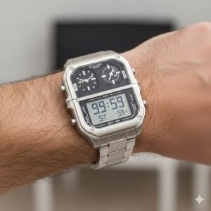 Lee Cooper Anlog & Dijital Erkek Kol Saati | 50 mm Çelik Kasa, Çelik Kordon, 5 ATM Su Geçirmez