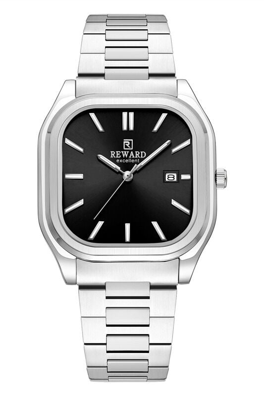 Reward Klasik Erkek Kol Saati | 42 mm Köşeli Çelik Kasa, Siyah Kadran, Çelik Kordon