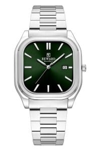 Reward Erkek Kol Saati | 42 mm Köşeli Çelik Kasa, Yeşil Kadran, Çelik Kordon, 5 ATM