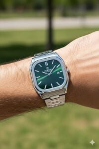 Reward Erkek Kol Saati | 42 mm Köşeli Çelik Kasa, Yeşil Kadran, Çelik Kordon, 5 ATM