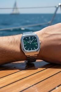 Reward Erkek Kol Saati | 42 mm Köşeli Çelik Kasa, Yeşil Kadran, Çelik Kordon, 5 ATM