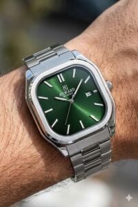 Reward Erkek Kol Saati | 42 mm Köşeli Çelik Kasa, Yeşil Kadran, Çelik Kordon, 5 ATM