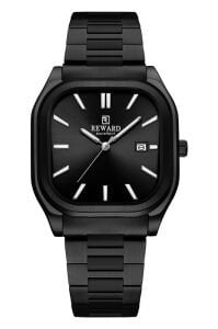 Reward Siyah Erkek Kol Saati | 42 mm Köşeli Çelik Kasa, Siyah Kadran, Siyah Çelik Kordon, 5ATM