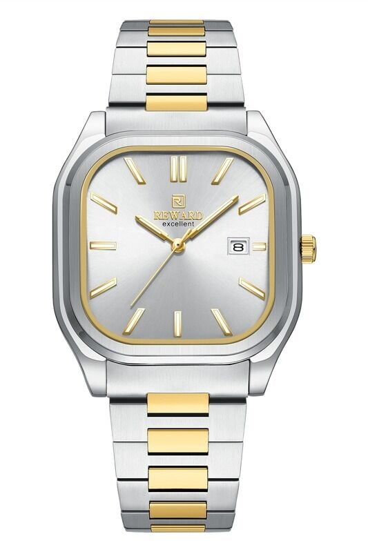 Reward Erkek Kol Saati | 42 mm Köşeli Çelik Kasa, Gümüş Kadran, Çift Renk Çelik Kordon, 5ATM