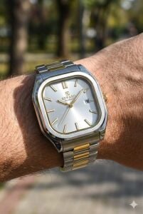 Reward Erkek Kol Saati | 42 mm Köşeli Çelik Kasa, Gümüş Kadran, Çift Renk Çelik Kordon, 5ATM