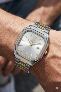 Reward Erkek Kol Saati | 42 mm Köşeli Çelik Kasa, Gümüş Kadran, Çift Renk Çelik Kordon, 5ATM