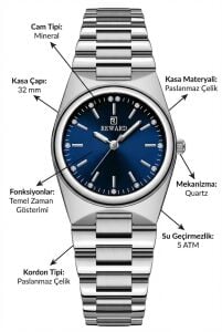 Reward Kadın Kol Saati | 32 mm Çelik Kasa, Lacivert Kadran, Taş Detaylı, Çelik Kordon