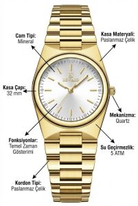 Reward Kadın Kol Saati | 32 mm Çelik Kasa, Altın Renk Çelik Kordon, Mineral Cam, 5ATM