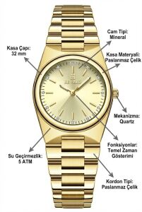 Reward Kadın Kol Saati | 32 mm Çelik Kasa, Altın Kadran Taş Detaylı, Altın Renk Çelik Kordon