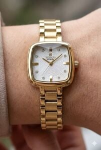 Reward Zarif Kadın Kol Saati | 22 mm Çelik Kasa, Kare Kadran, Altın Renk Çelik Kordon