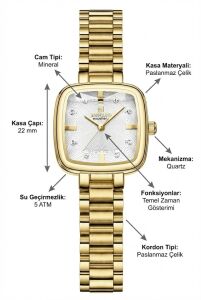 Reward Zarif Kadın Kol Saati | 22 mm Çelik Kasa, Kare Kadran, Altın Renk Çelik Kordon