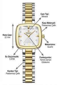 Reward Kadın Kol Saati | 22 mm Çelik Kasa, Kare Kadran, Çift Renk Çelik Kordon (Gold & Gümüş)