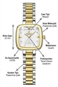 Reward Kadın Kol Saati | 22 mm Çelik Kasa, Kare Kadran, Çift Renk Çelik Kordon (Gold & Gümüş)