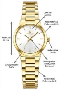 Reward Kadın Kol Saati |  22 mm Çelik Kasa, Altın Renk Çelik Kordon, Mineral Cam, 5ATM