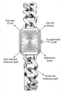Reward Gümüş Renk Kadın Kol Saati | 22 mm Çelik Kasa, Dikdörtgen Kadran, Kalın Zincir Çelik Kordon