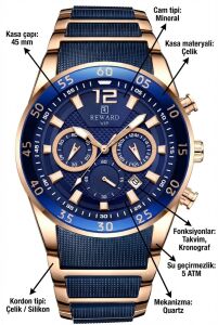Reward Erkek Kol Saati | 45 mm Çelik Kasa, Lacivert Kadran, Rose Gold Detaylı Kordon