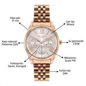 Lee Cooper Kadın Rose Gold Kadın Kol Saati | 37 mm Pembe Altın Renk Çelik Kasa, Çelik Kordon