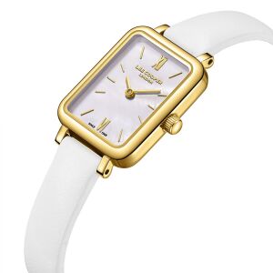 Lee Cooper Zarif Tasarım Kadın Kol Saati | 20mm Dikdörtgen Altın Renk Kasa, Beyaz Deri Kordon