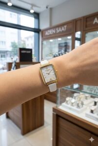 Lee Cooper Zarif Tasarım Kadın Kol Saati | 20mm Dikdörtgen Altın Renk Kasa, Beyaz Deri Kordon