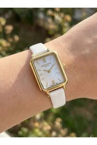 Lee Cooper Zarif Tasarım Kadın Kol Saati | 20mm Dikdörtgen Altın Renk Kasa, Beyaz Deri Kordon