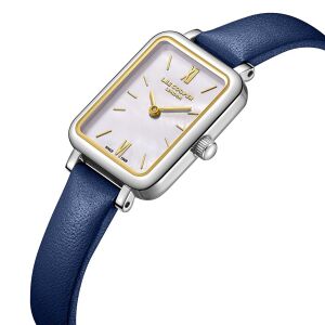 Lee Cooper Şık Tasarım Kadın Kol Saati | 20mm Dikdörtgen Gümüş Renk Kasa, Lacivert Deri Kordon