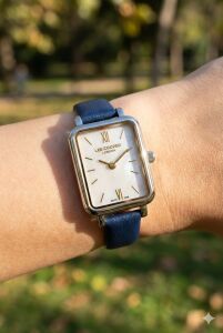 Lee Cooper Şık Tasarım Kadın Kol Saati | 20mm Dikdörtgen Gümüş Renk Kasa, Lacivert Deri Kordon