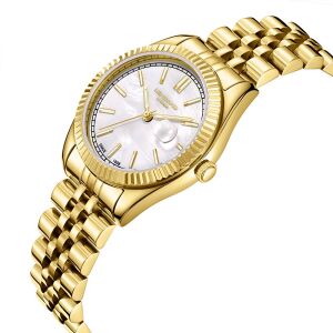 Lee Cooper Kadın Kol Saati | 30mm Altın Renk Çelik Kasa, Çelik Kordon, Beyaz Kadran