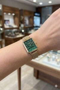 Lee Cooper Kadın Kol Saati | 20mm Altın Renk Çelik Kasa, Örgü Kordon, Yeşil Kadran