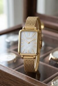 Lee Cooper Altın Renk Kadın Kol Saati | 20mm Çelik Kasa, Örgü Kordon, Beyaz Kadran