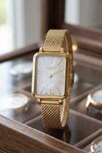 Lee Cooper Altın Renk Kadın Kol Saati | 20mm Çelik Kasa, Örgü Kordon, Beyaz Kadran