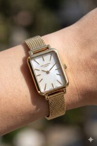 Lee Cooper Altın Renk Kadın Kol Saati | 20mm Çelik Kasa, Örgü Kordon, Beyaz Kadran