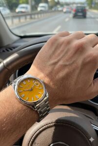 Lee Cooper Sarı Kadran Erkek Kol Saati | 45 mm Gümüş Renk Çelik Kasa, Çelik Kordon, 5 ATM