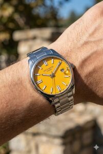 Lee Cooper Sarı Kadran Erkek Kol Saati | 45 mm Gümüş Renk Çelik Kasa, Çelik Kordon, 5 ATM