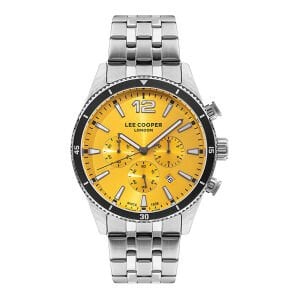 Lee Cooper Kronograf Erkek Kol Saati | 45mm Çelik Kasa, Çelik Kordon, Sarı Kadran
