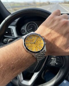 Lee Cooper Kronograf Erkek Kol Saati | 45mm Çelik Kasa, Çelik Kordon, Sarı Kadran