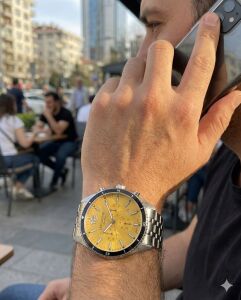 Lee Cooper Kronograf Erkek Kol Saati | 45mm Çelik Kasa, Çelik Kordon, Sarı Kadran