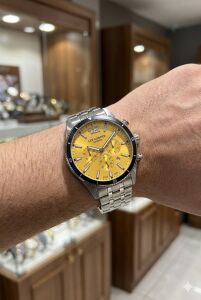 Lee Cooper Kronograf Erkek Kol Saati | 45mm Çelik Kasa, Çelik Kordon, Sarı Kadran