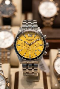 Lee Cooper Kronograf Erkek Kol Saati | 45mm Çelik Kasa, Çelik Kordon, Sarı Kadran