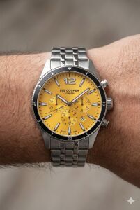 Lee Cooper Kronograf Erkek Kol Saati | 45mm Çelik Kasa, Çelik Kordon, Sarı Kadran