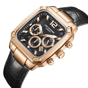 Lee Cooper Siyah Deri Kordon Erkek Kol Saati | 39 mm Rose Renk Çelik Kasa, Mineral Cam, 5ATM