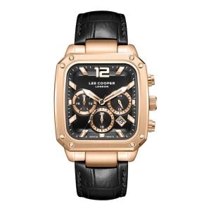 Lee Cooper Siyah Deri Kordon Erkek Kol Saati | 39 mm Rose Renk Çelik Kasa, Mineral Cam, 5ATM
